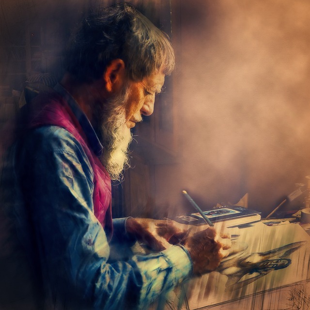 man, elderly, drawing