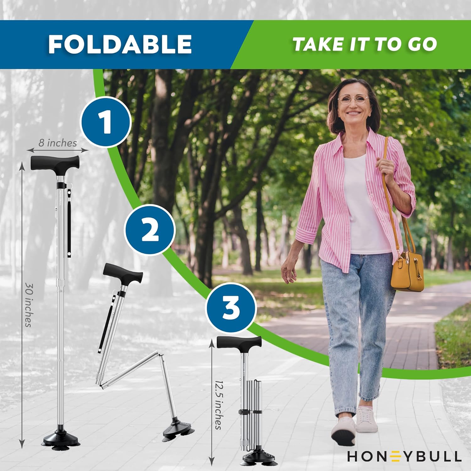 HONEYBULL Walking Cane for Men  Women - Foldable, Adjustable, Collapsible, Free Standing Cane, Pivot Tip, Heavy Duty, with Travel Bag | Walking Sticks, Folding Canes for Seniors  Adults [Silver]